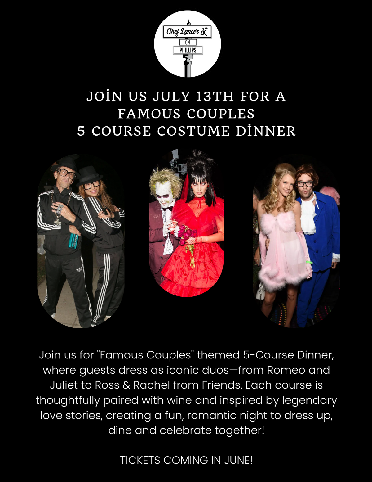 July 13th: Famous Couples 5 Course Costume Dinner Event Tickets